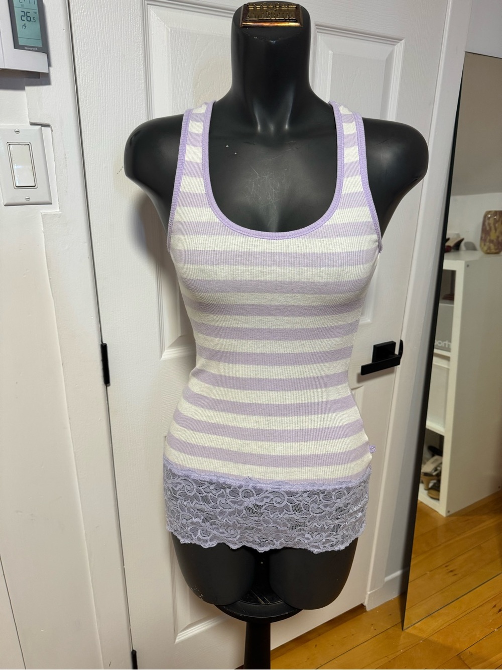 Striped Lilac & White Lace Trim Tank Top